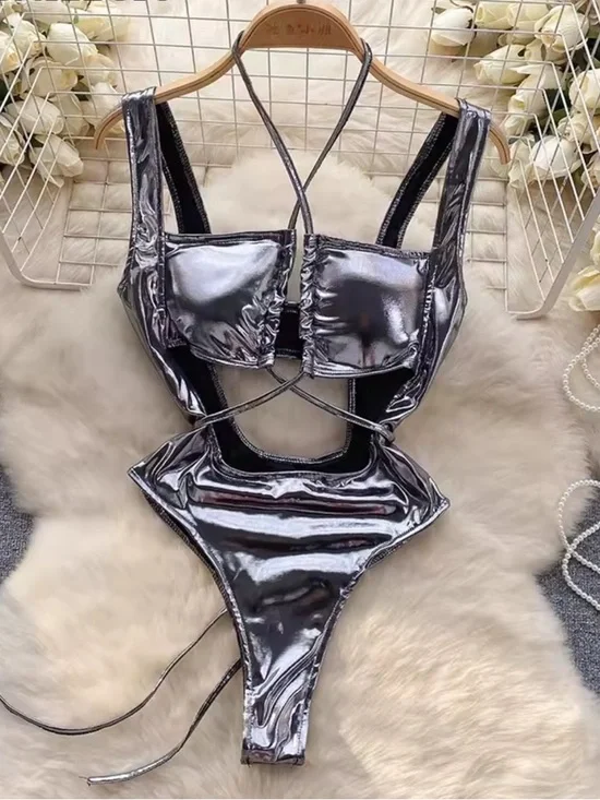 NWNT Metallic Silver Cutout Festival or Bathing Suit - Picture 4 of 7